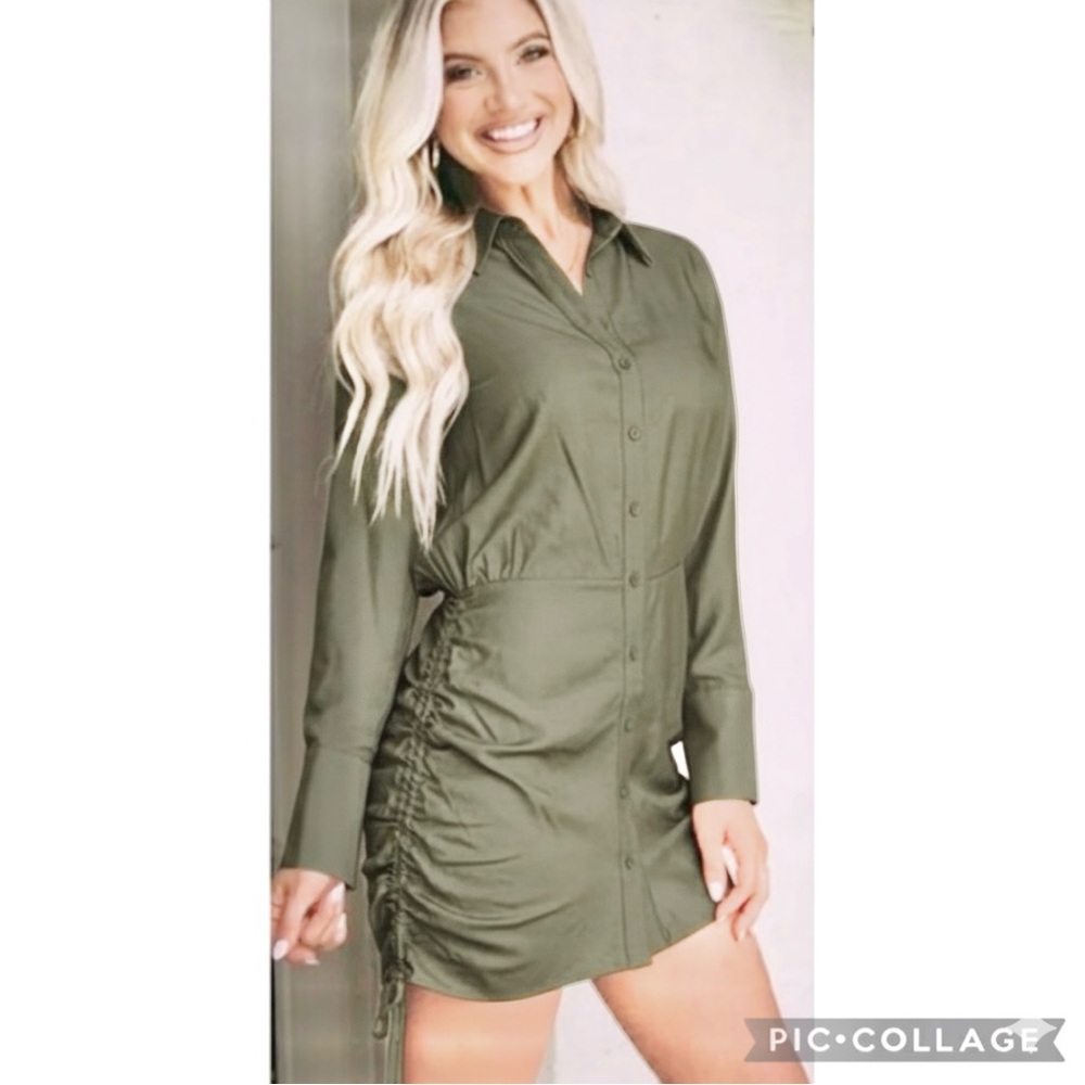 HYFVE Dress Mini Ruched Drawstring Tie Hem Olive Green Party Bodycon NWT 10